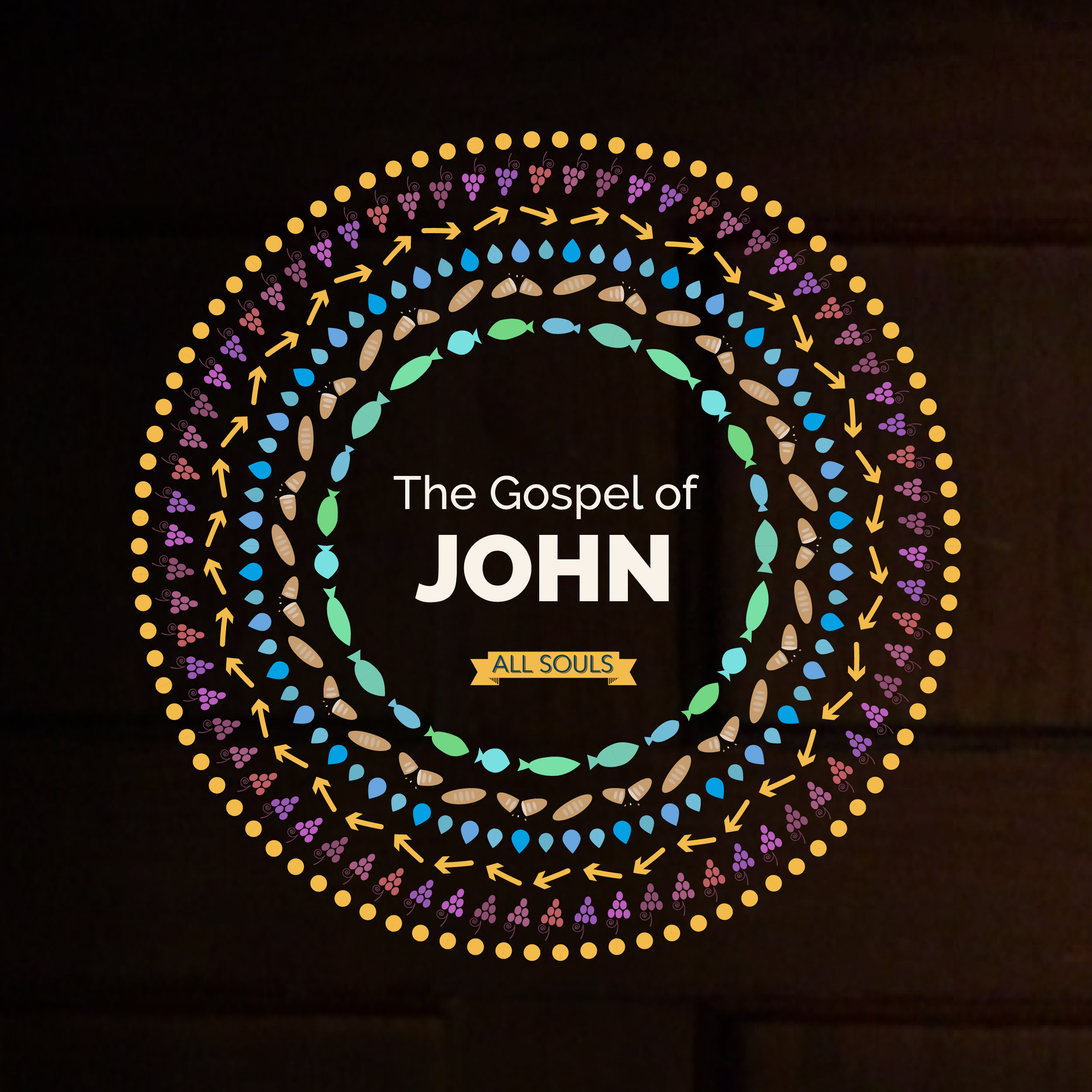 the title The Gospel of John surrounded by fish, loaves, drops of water, arrows
